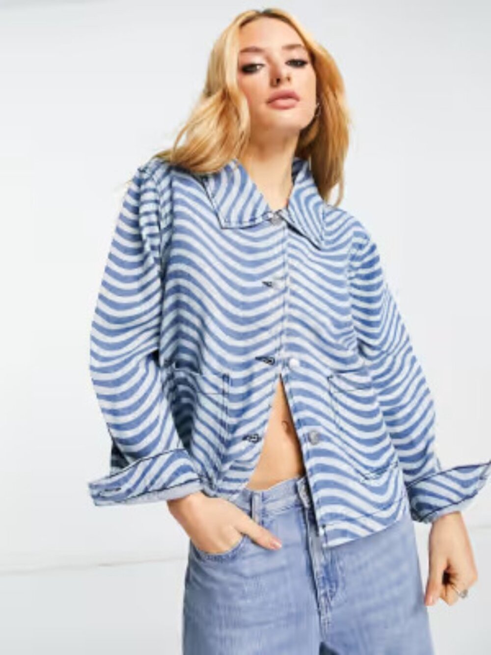 Bolongaro Trevor Bleach Wash Wave Print Worker Denim Jacket Blue Women's Medium
